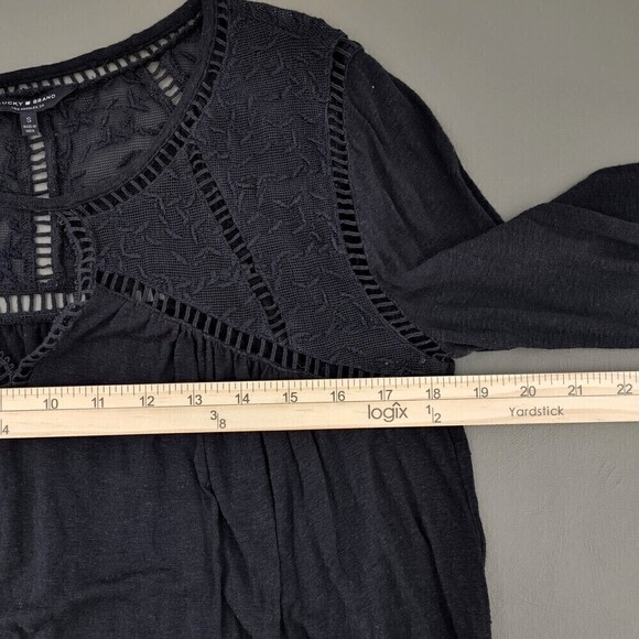 Lucky Brand Top Women Small Black Peasant Lace Crochet Linen-Modal Blouse Flowy - Picture 8 of 13